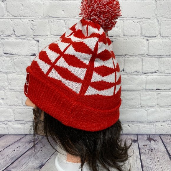 Budweiser Beanie Hat Cap Red White Diamond Pattern Winter Toque Knit POM Top - Picture 2 of 8